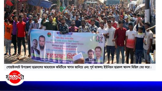 গোয়াইনঘাটে ছাত্রদলের আহবায়ক কমিটিকে স্বাগত জানিয়ে আনন্দ মিছিল